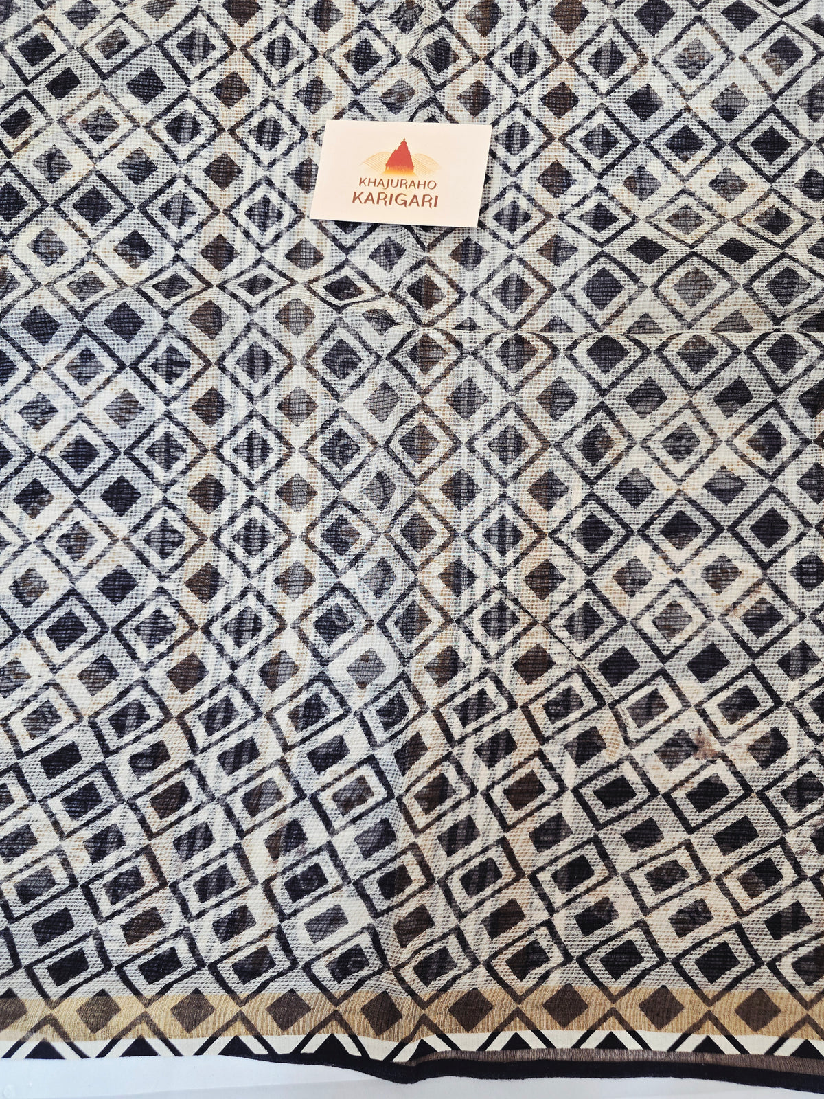Handblock Printed Kota Doria - Yellow Black Floral