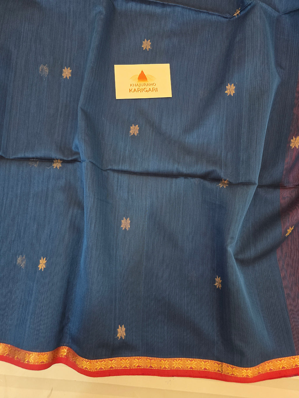 Pure Handwoven Maheshwari Star Motifs Saree - Blue Red