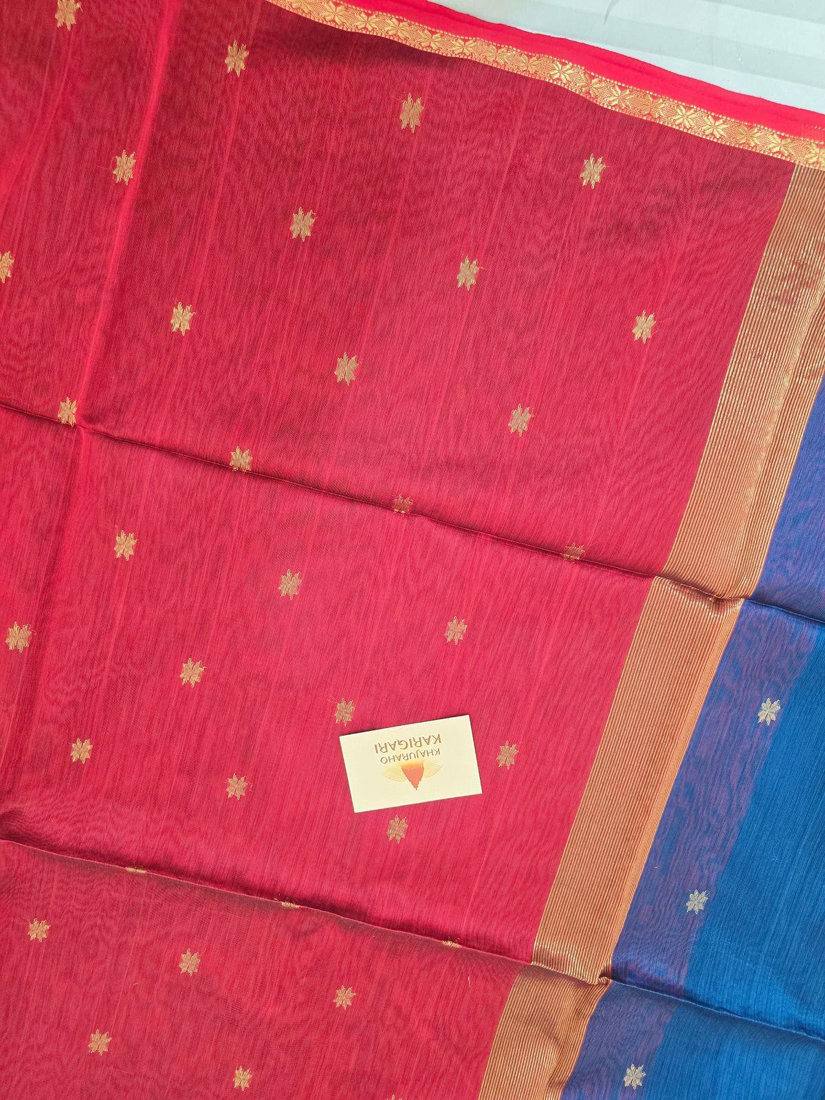 Pure Handwoven Maheshwari Star Motifs Saree - Blue Red