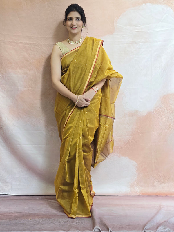 Pure Handwoven Chanderi Small Motifs Narrow Zari Border - Earthy Mustard