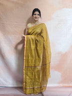 Pure Handwoven Chanderi Small Motifs Narrow Zari Border - Earthy Mustard