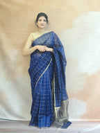 Pure Handwoven Chanderi Check Saree - Blue