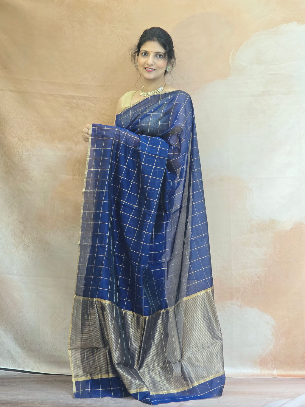 Pure Handwoven Chanderi Check Saree - Blue