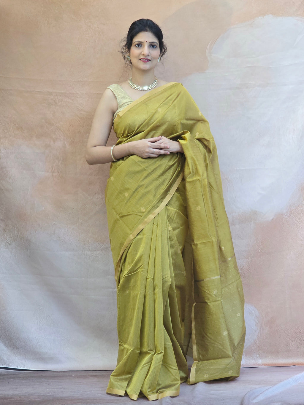 Pure Handwoven Chanderi Small Motifs Narrow Zari Border - Antique Gold