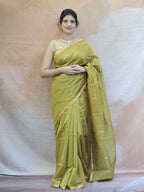 Pure Handwoven Chanderi Small Motifs Narrow Zari Border - Antique Gold