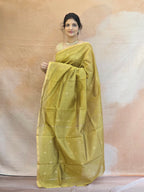 Pure Handwoven Chanderi Small Motifs Narrow Zari Border - Antique Gold
