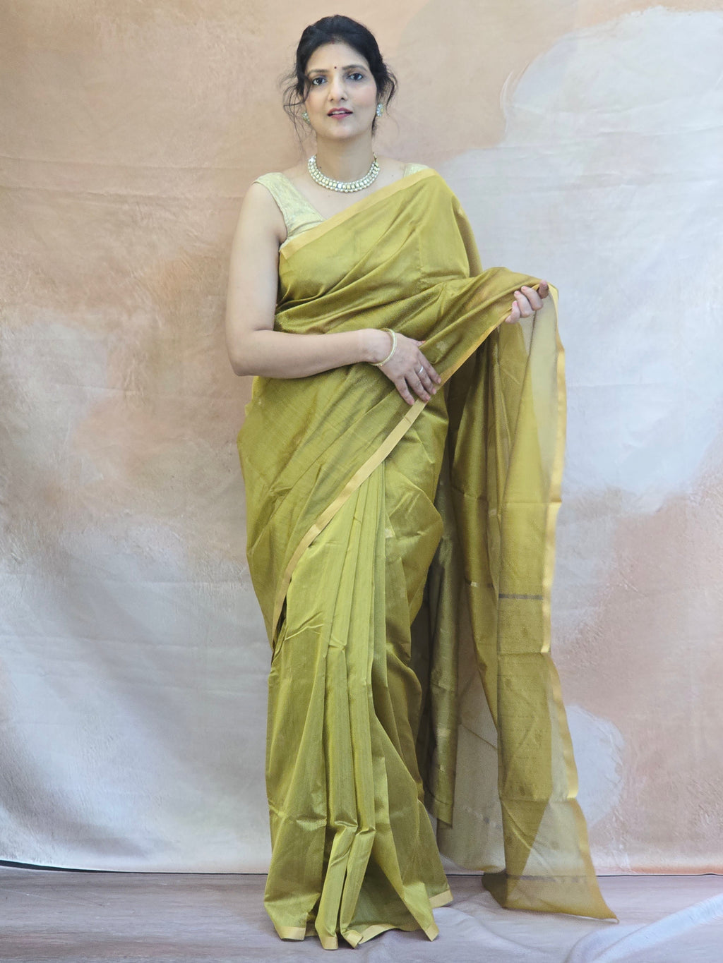 Pure Handwoven Chanderi Small Motifs Narrow Zari Border - Antique Gold