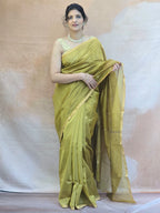 Pure Handwoven Chanderi Small Motifs Narrow Zari Border - Antique Gold