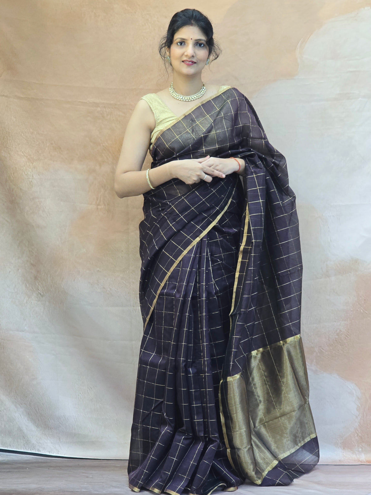 Pure Handwoven Chanderi Zari Check - Wine
