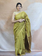 Pure Handwoven Chanderi Small Motifs Narrow Zari Border - Antique Gold