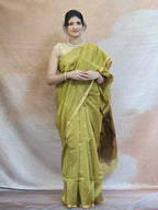 Pure Handwoven Chanderi Small Motifs Narrow Zari Border - Antique Gold