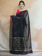 Pure Handwoven Chanderi Small Motifs Narrow Zari Border - Black