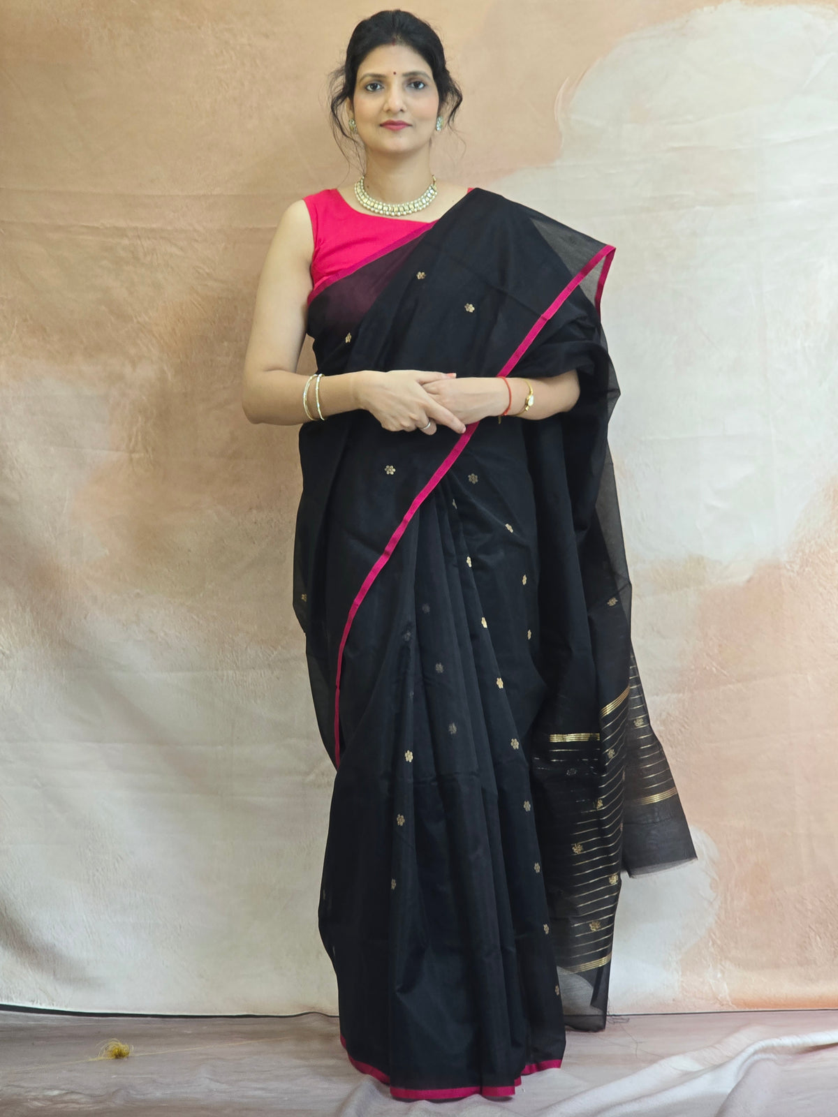 Pure Handwoven Chanderi Small Motifs Narrow Zari Border - Black