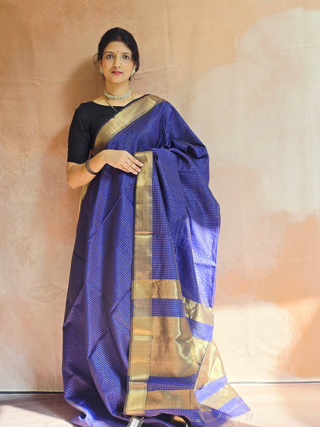 Pure Handwoven Maheshwari Zari Check Saree – Blue