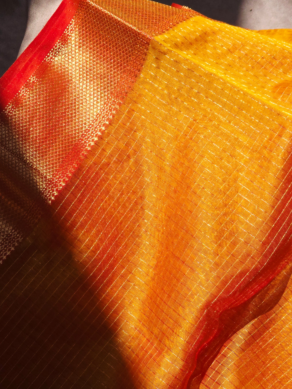 Pure Handwoven Maheshwari Zari Check Saree – Yellow Red