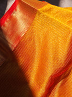 Pure Handwoven Maheshwari Zari Check Saree – Yellow Red