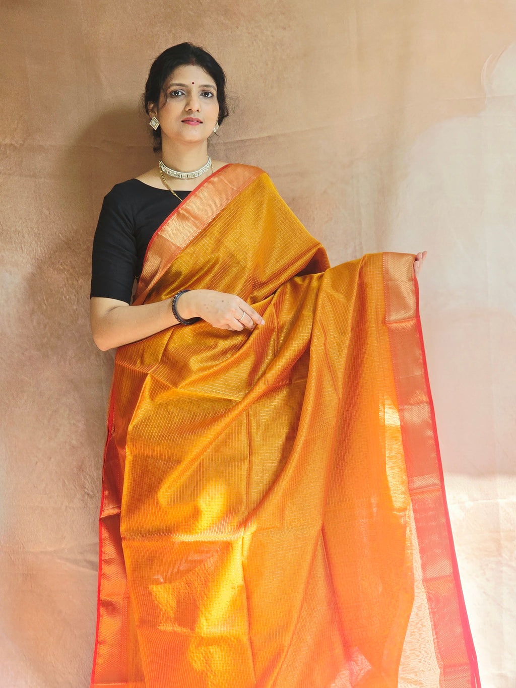 Pure Handwoven Maheshwari Zari Check Saree – Yellow Red