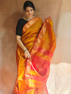 Pure Handwoven Maheshwari Zari Check Saree – Yellow Red