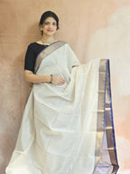 Pure Handwoven Maheshwari Zari Check Saree – Offwhite Blue
