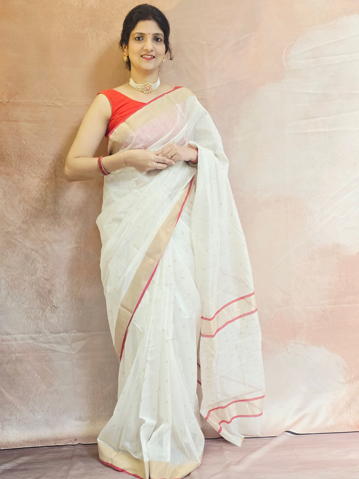 Handwoven Chanderi Silk Cotton Saree - White| Durga Puja Edit