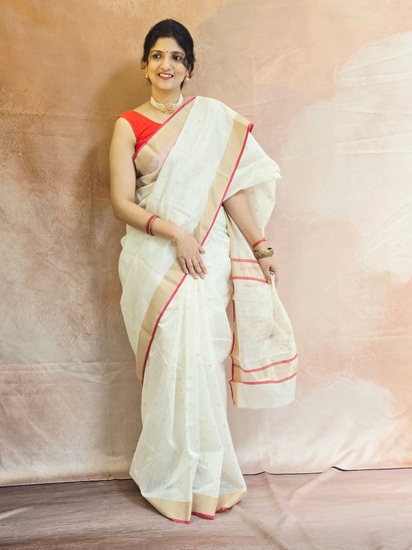 Handwoven Chanderi Silk Cotton Saree - White| Durga Puja Edit