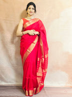 Pure Handloom Maheshwari Saree with Zari Border - Red