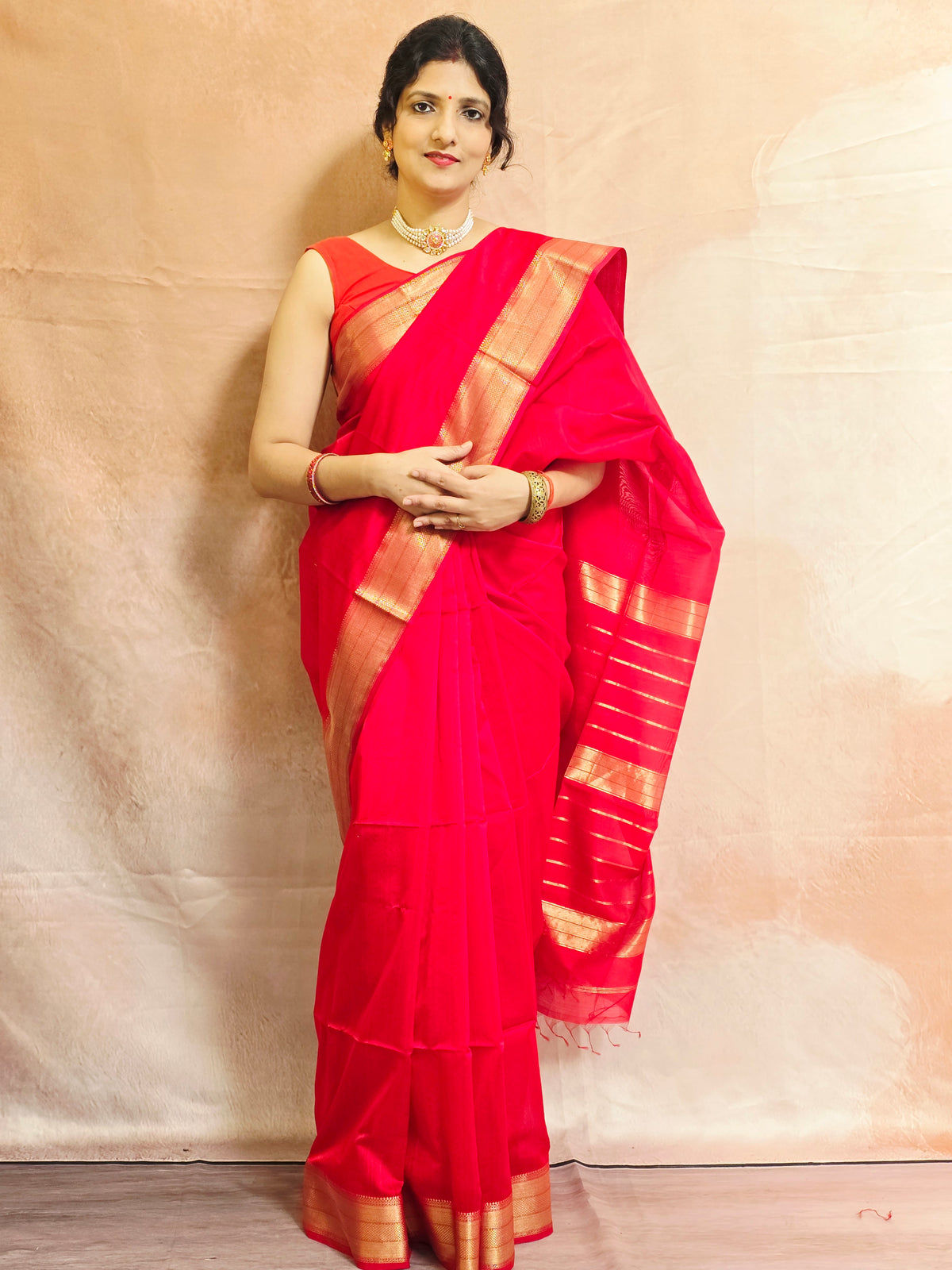 Pure Handloom Maheshwari Saree with Zari Border - Red