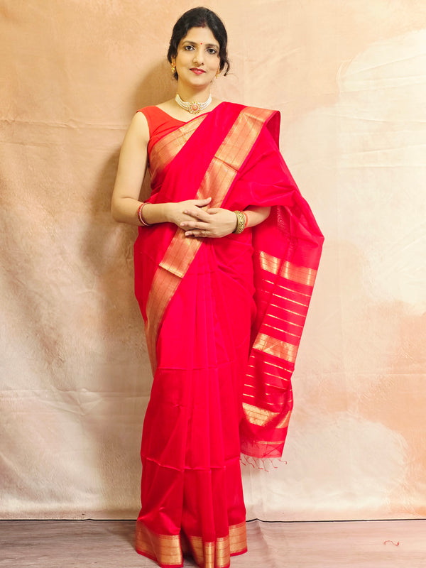 Pure Handloom Maheshwari Saree with Zari Border - Red