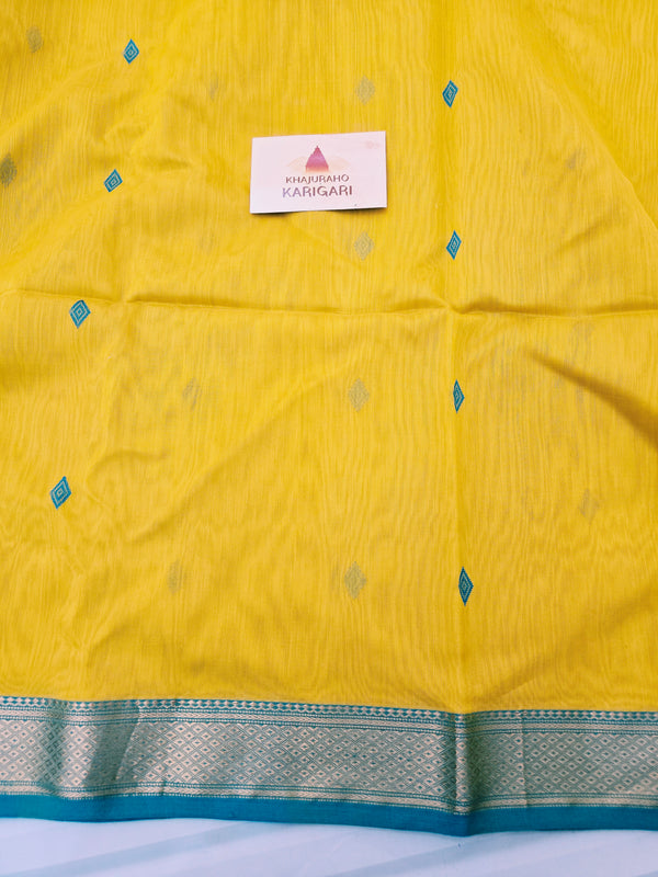 Handloom Maheshwari Saree Diamond Boota - Yellow Blue