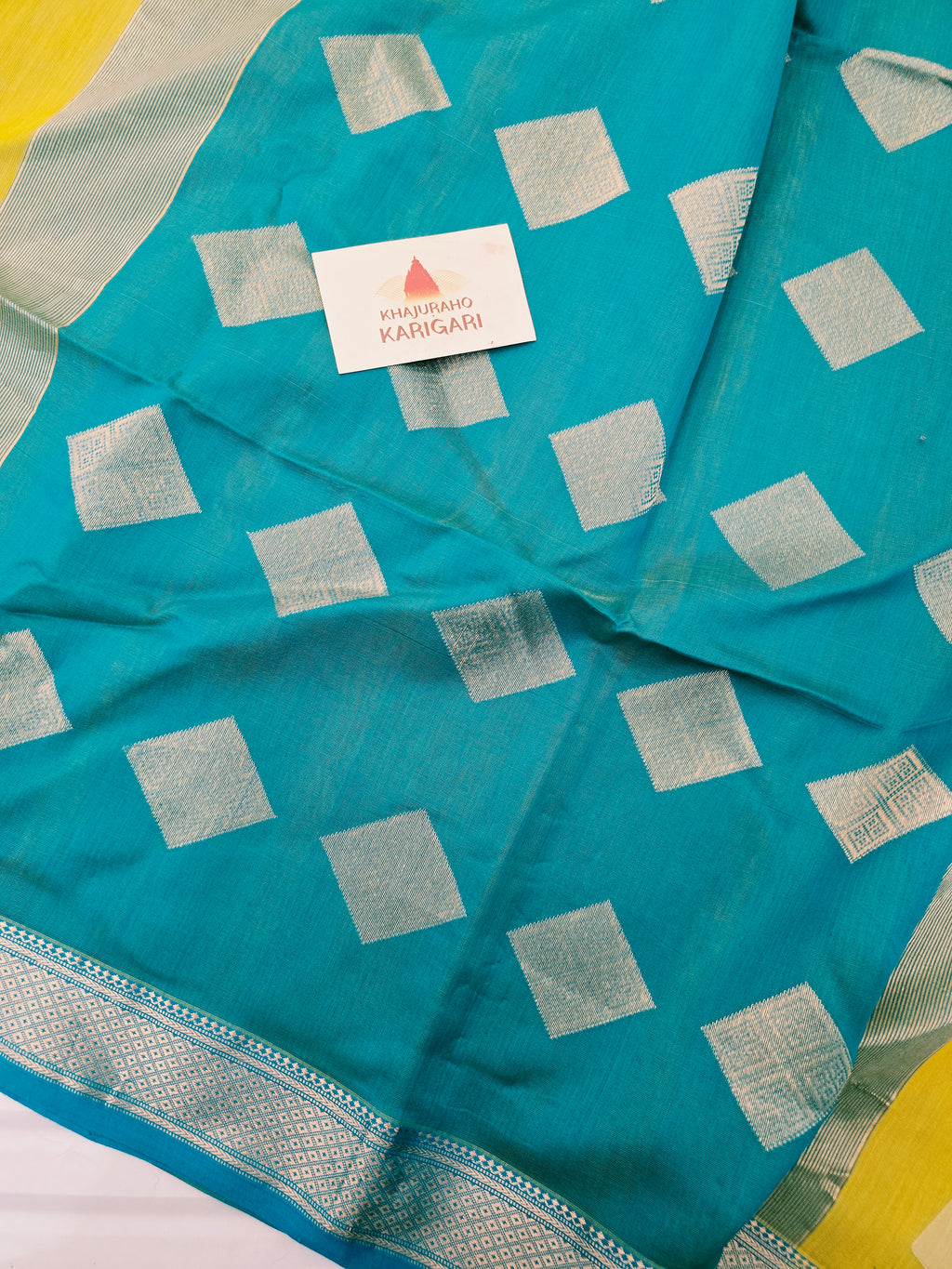 Handloom Maheshwari Saree Diamond Boota - Yellow Blue