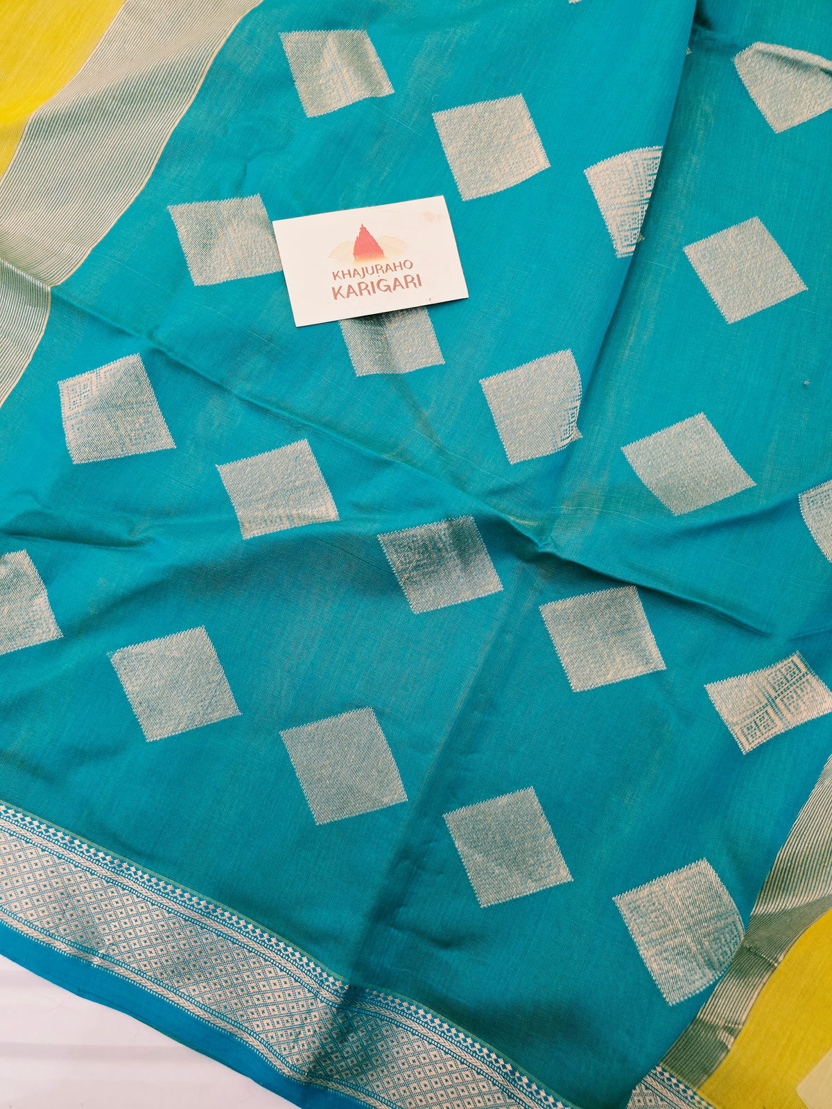 Handloom Maheshwari Saree Diamond Boota - Yellow Blue