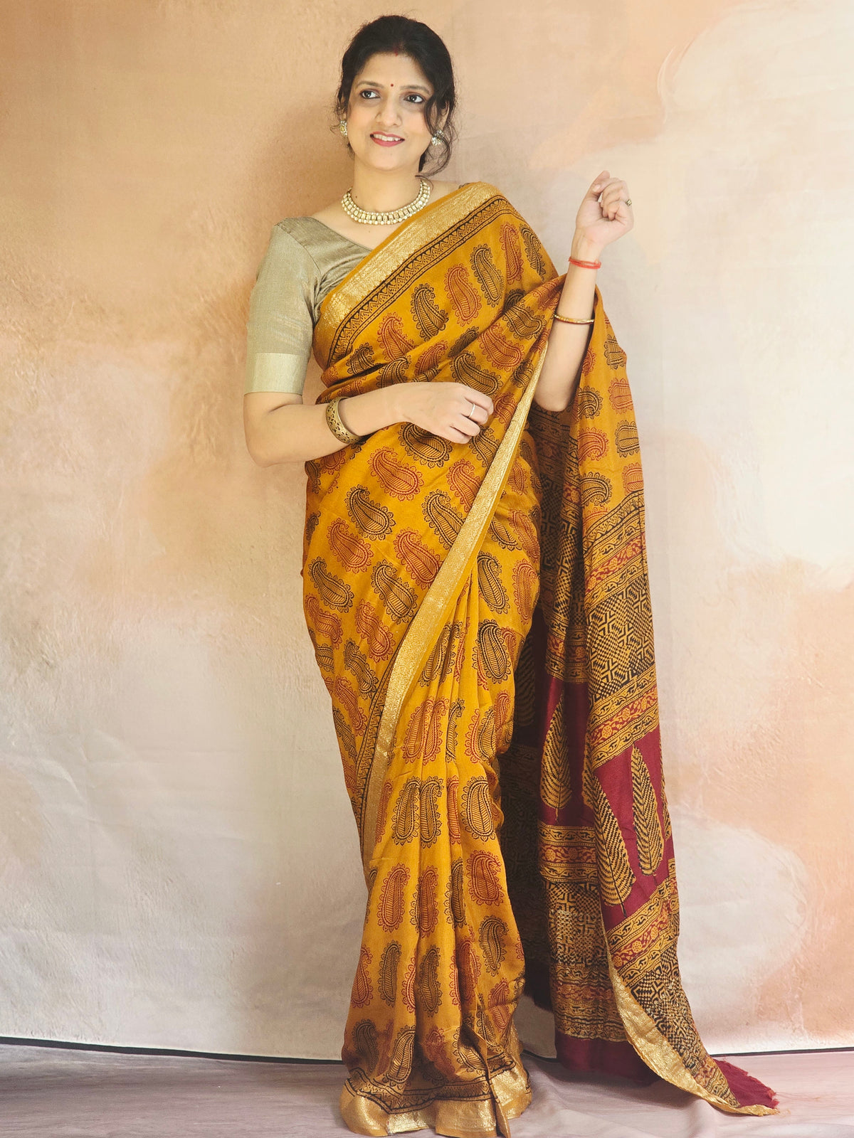 Natural Dyed Bagh Handblock Printed Dola Silk Saree - Mustard Yellow