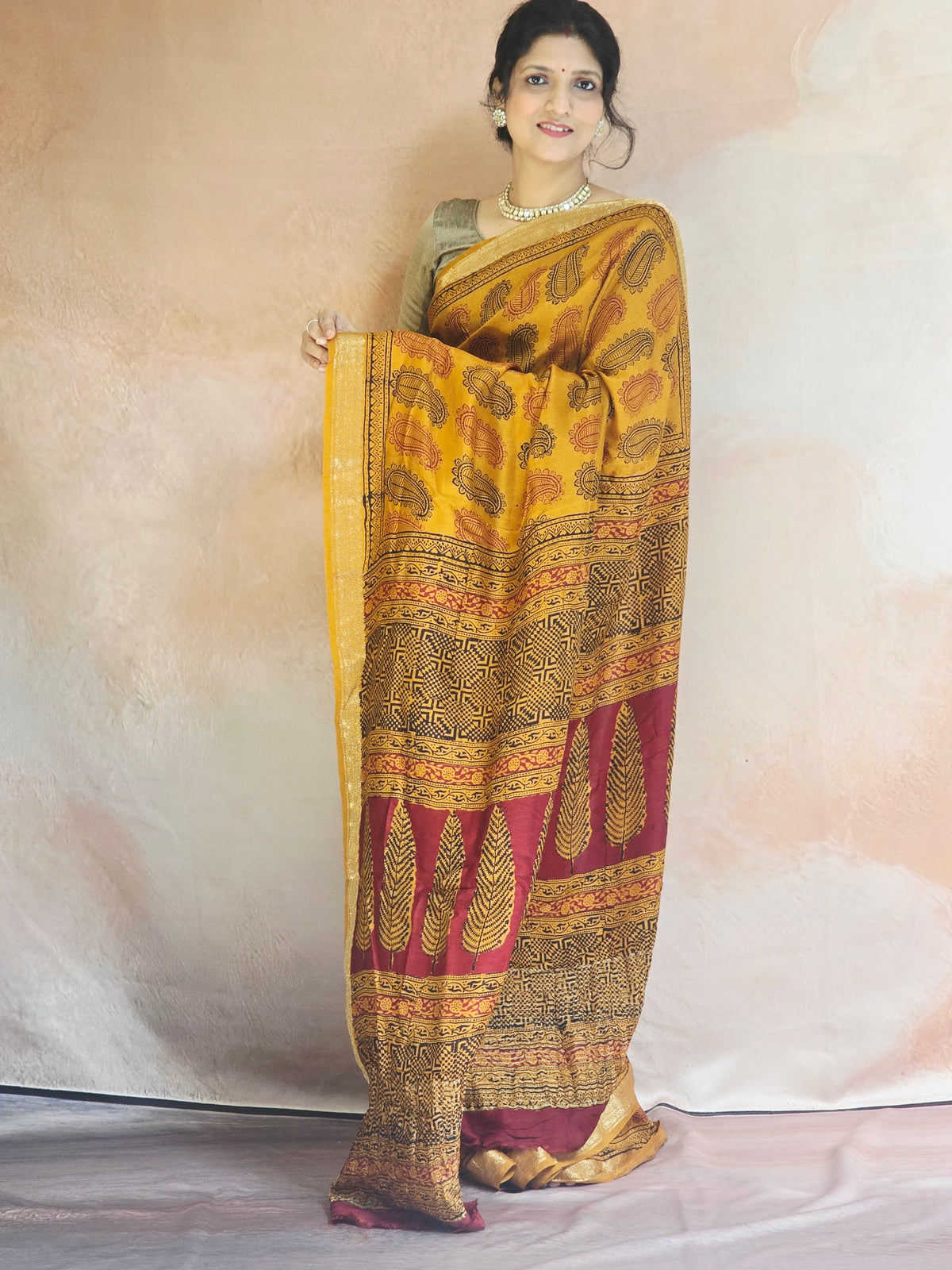 Natural Dyed Bagh Handblock Printed Dola Silk Saree - Mustard Yellow