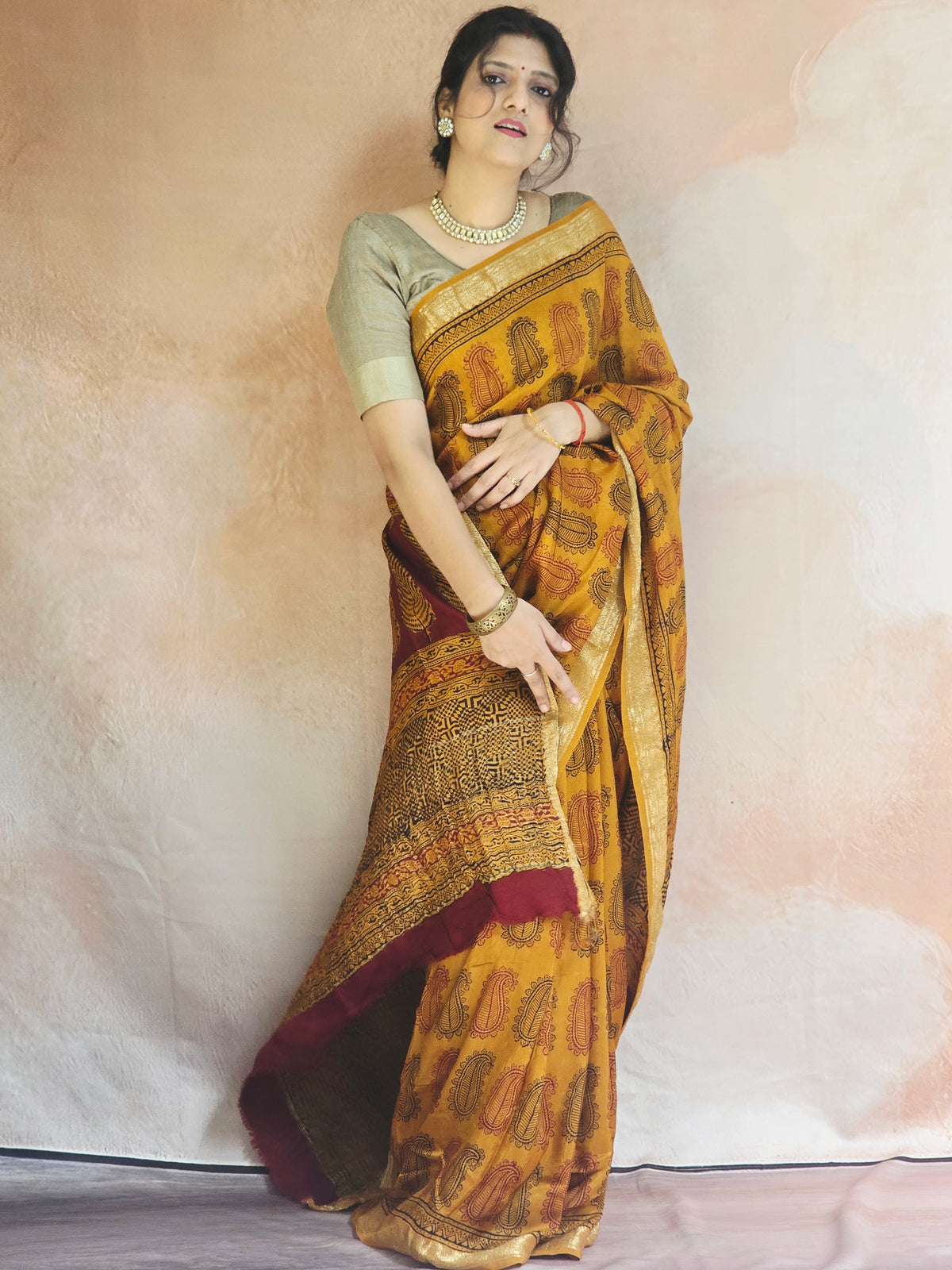 Natural Dyed Bagh Handblock Printed Dola Silk Saree - Mustard Yellow