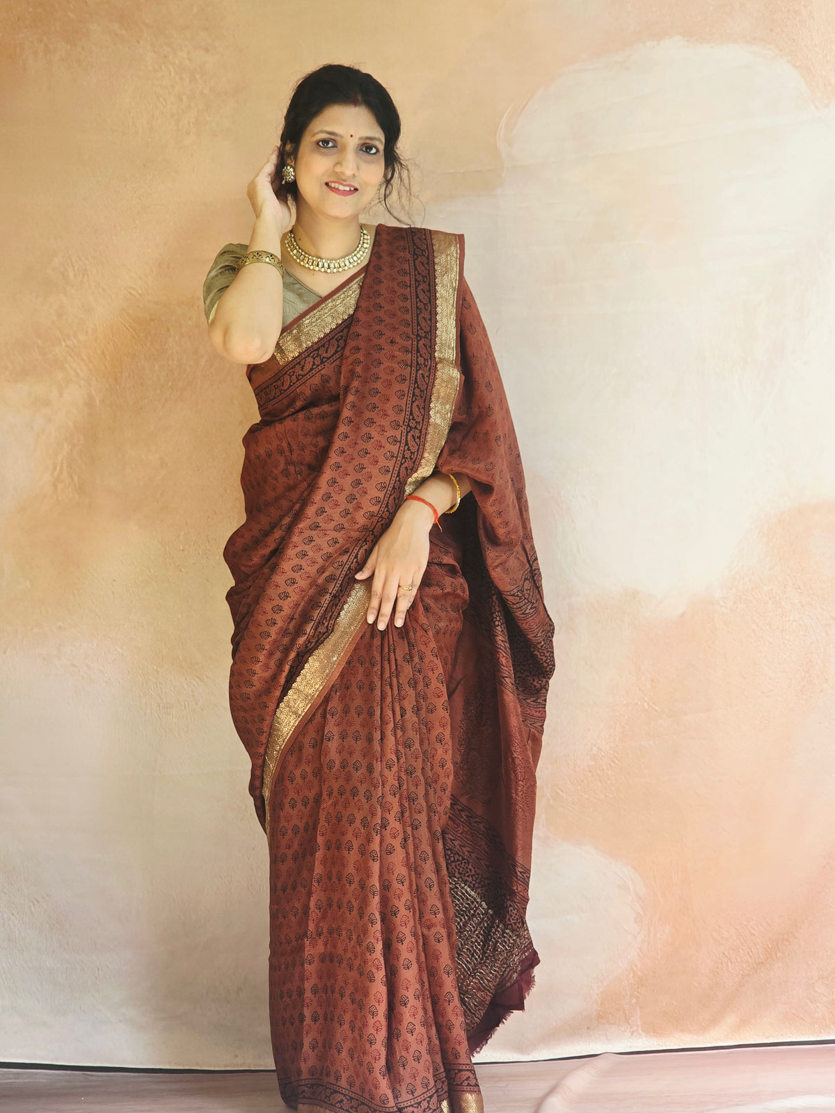 Natural Dyed Bagh Handblock Printed Dola Silk Saree - Rust Brown