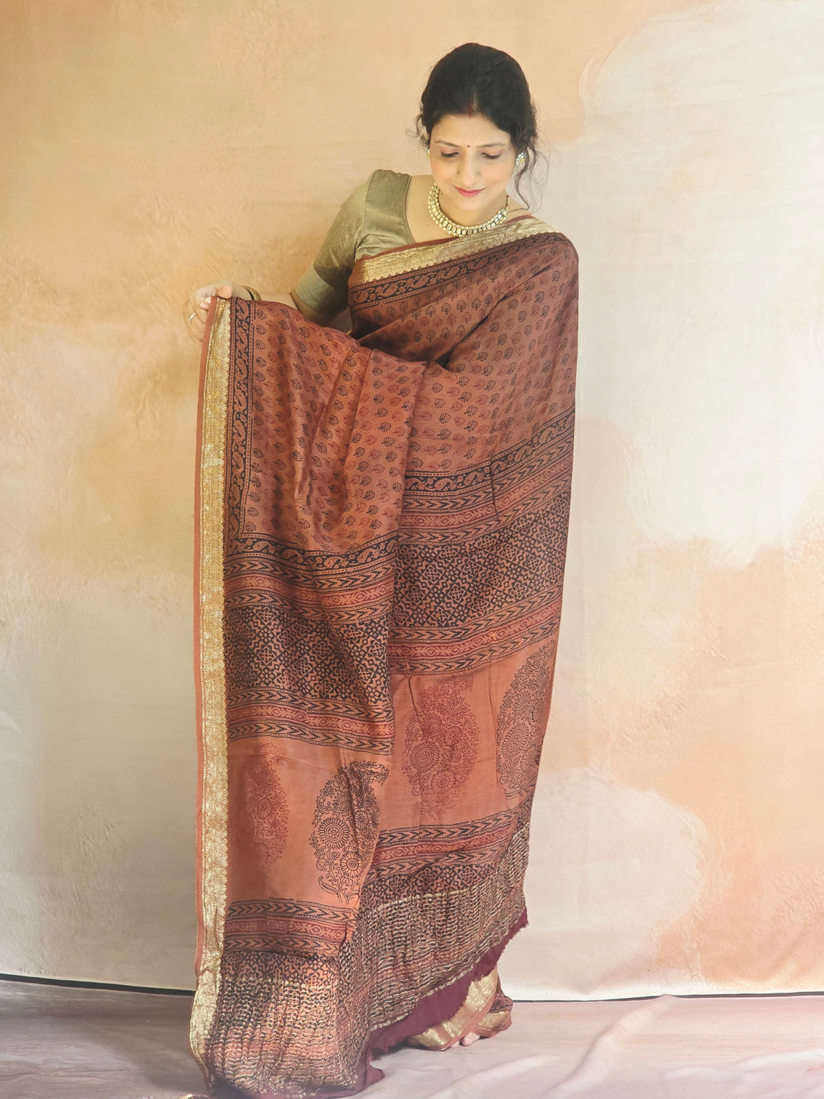 Natural Dyed Bagh Handblock Printed Dola Silk Saree - Rust Brown