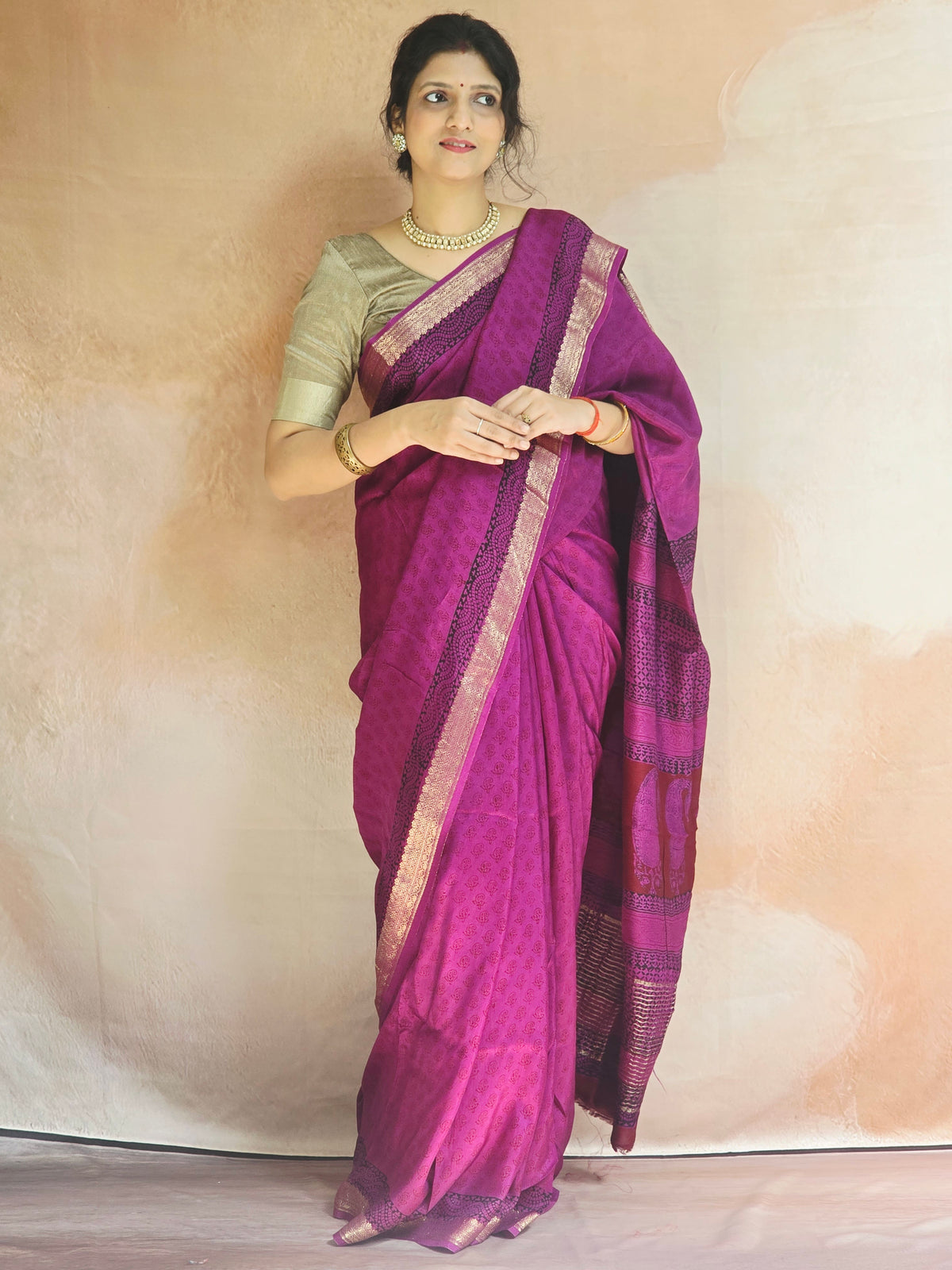 Natural Dyed Bagh Handblock Printed Dola Silk Saree - Purple