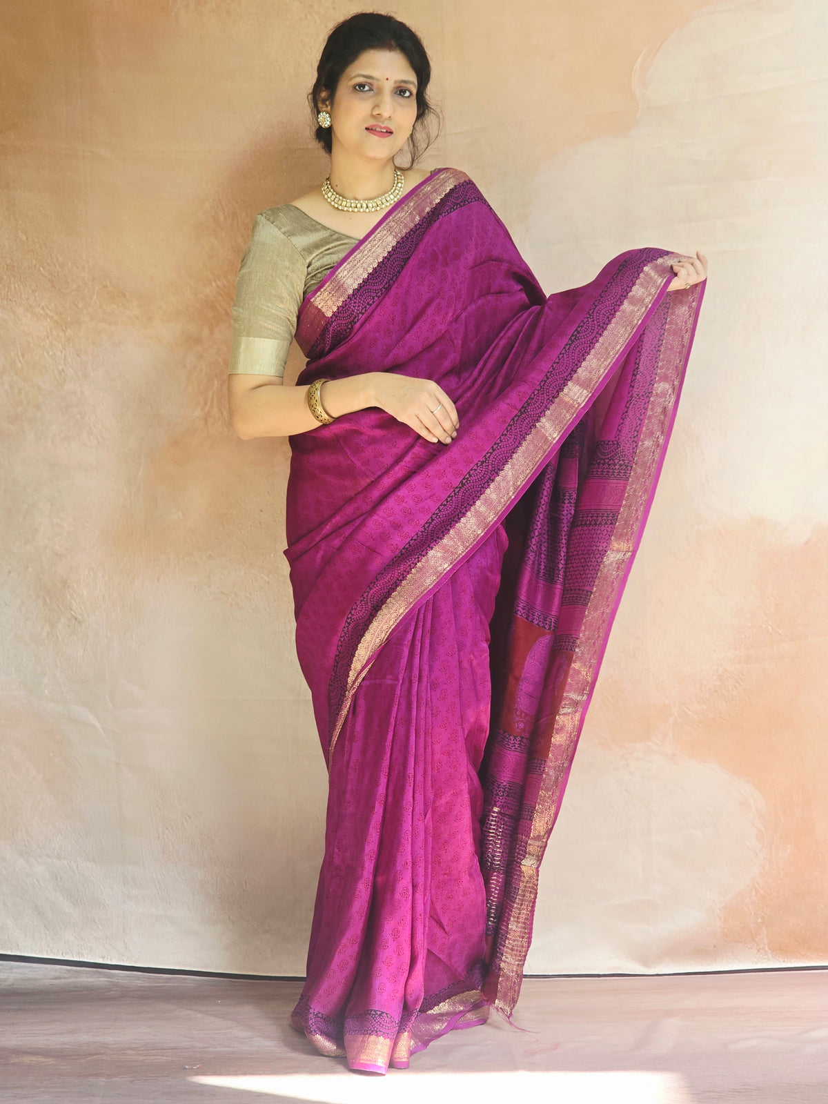 Natural Dyed Bagh Handblock Printed Dola Silk Saree - Purple