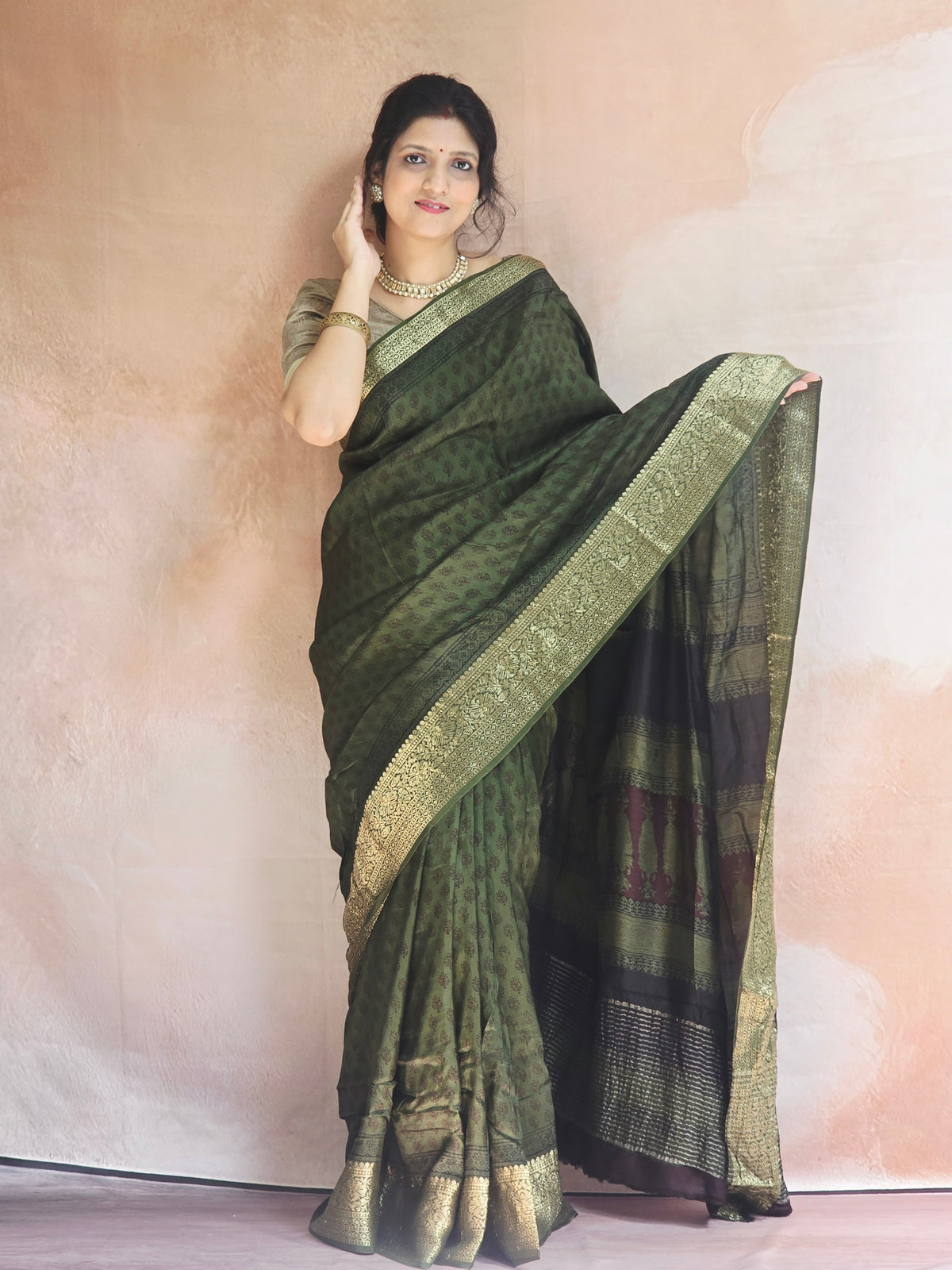 Natural Dyed Bagh Handblock Printed Dola Silk Saree - Green
