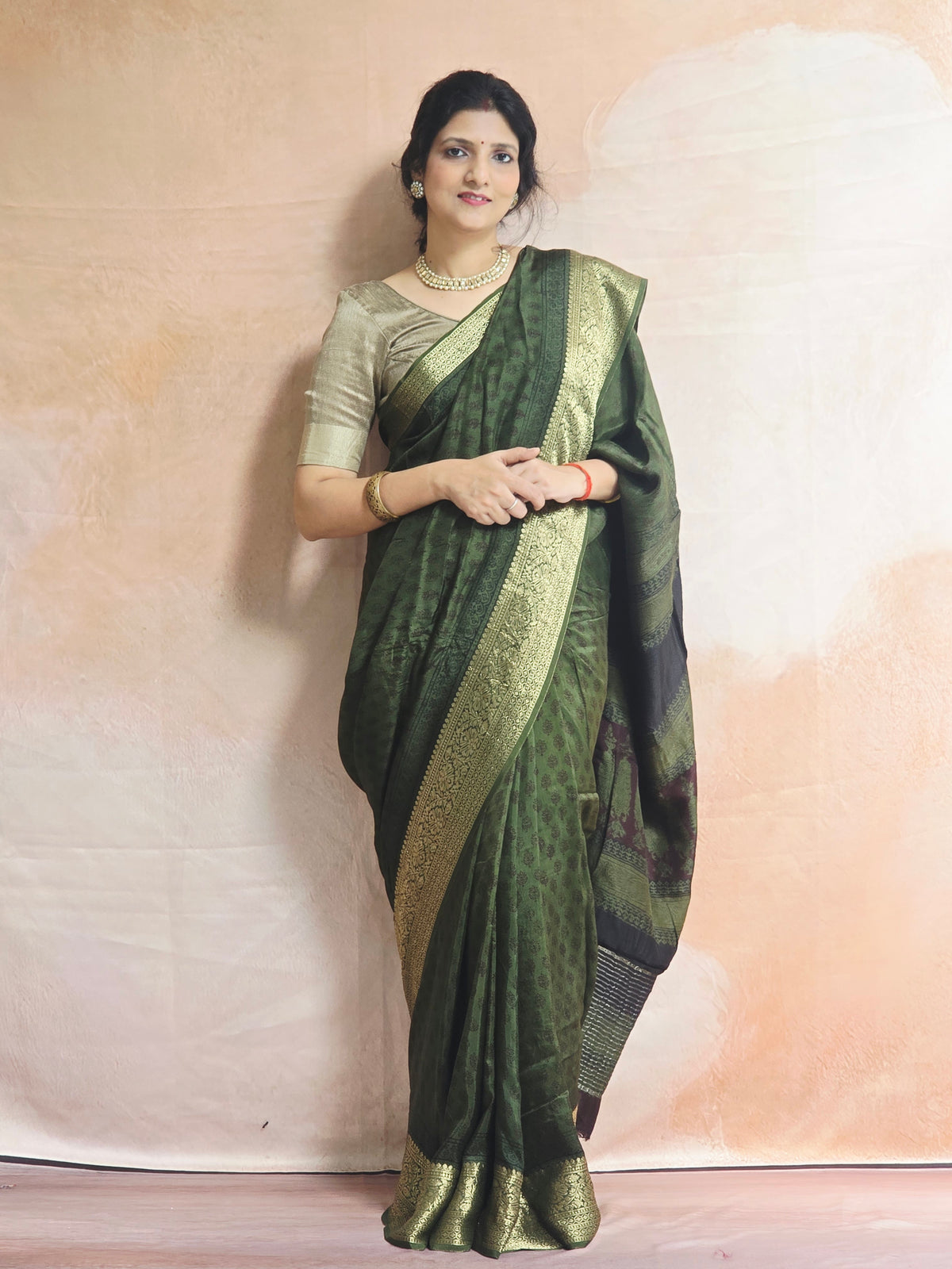 Natural Dyed Bagh Handblock Printed Dola Silk Saree - Green