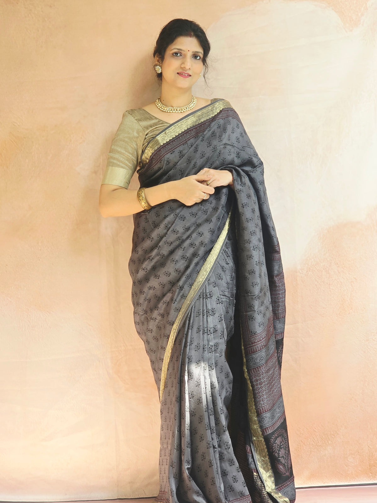 Natural Dyed Bagh Handblock Printed Dola Silk Saree -Grey Black