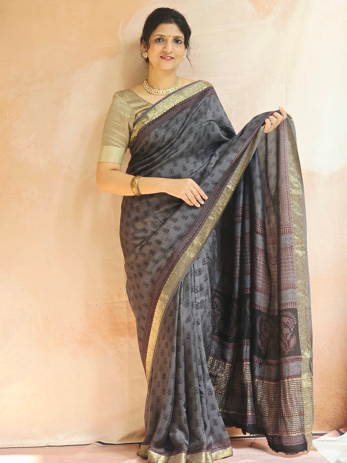 Natural Dyed Bagh Handblock Printed Dola Silk Saree -Grey Black