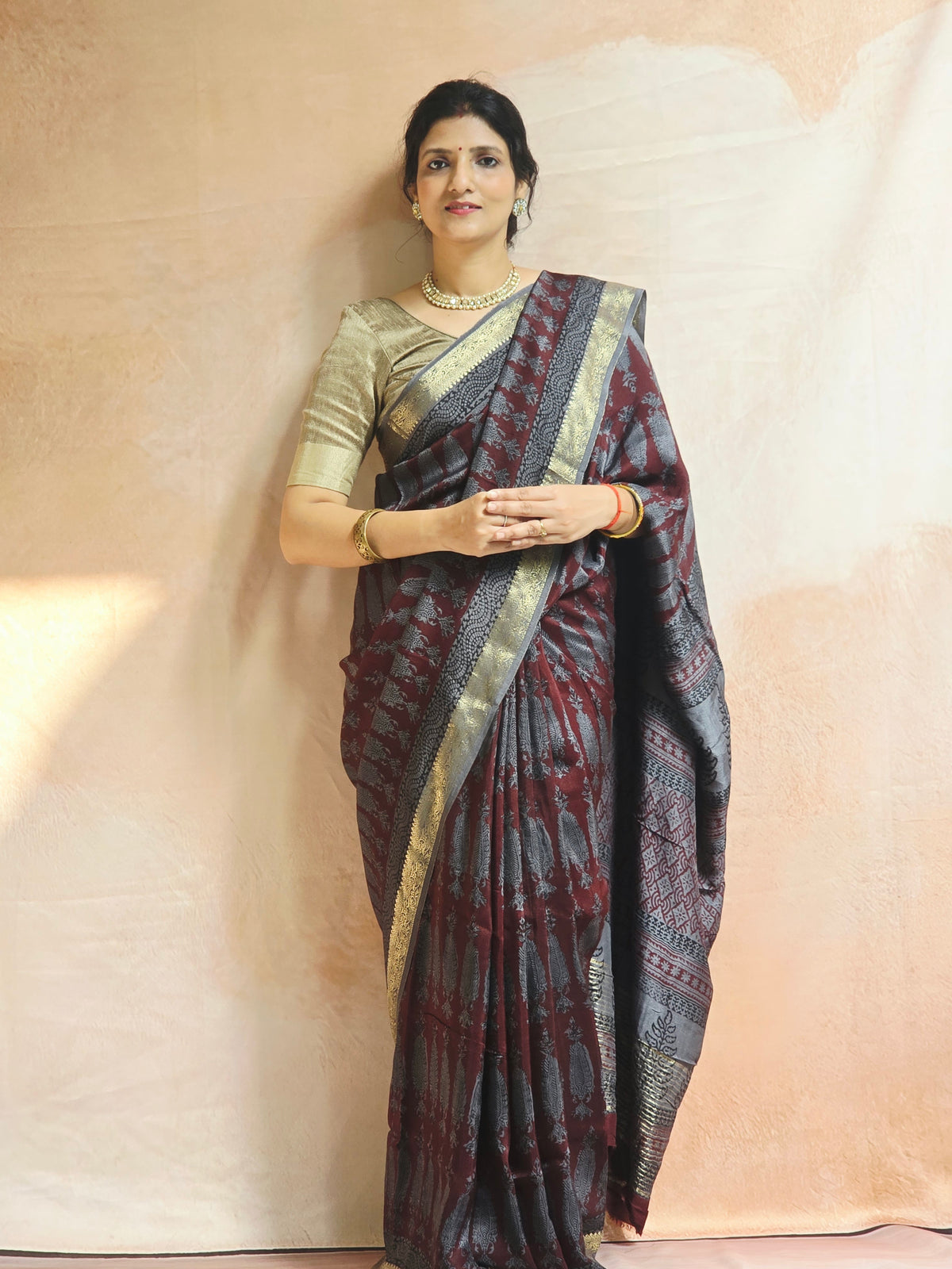 Natural Dyed Bagh Handblock Printed Dola Silk Saree - Grey Maroon