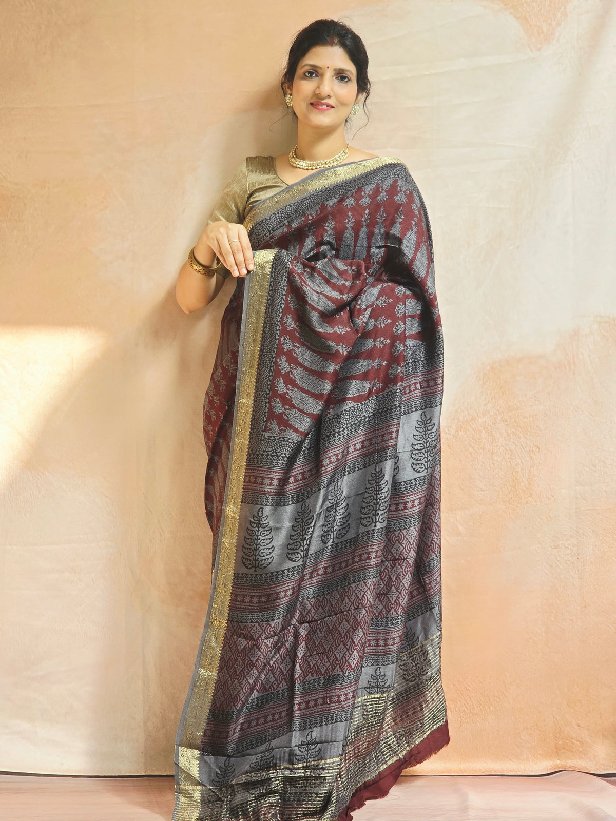 Natural Dyed Bagh Handblock Printed Dola Silk Saree - Grey Maroon