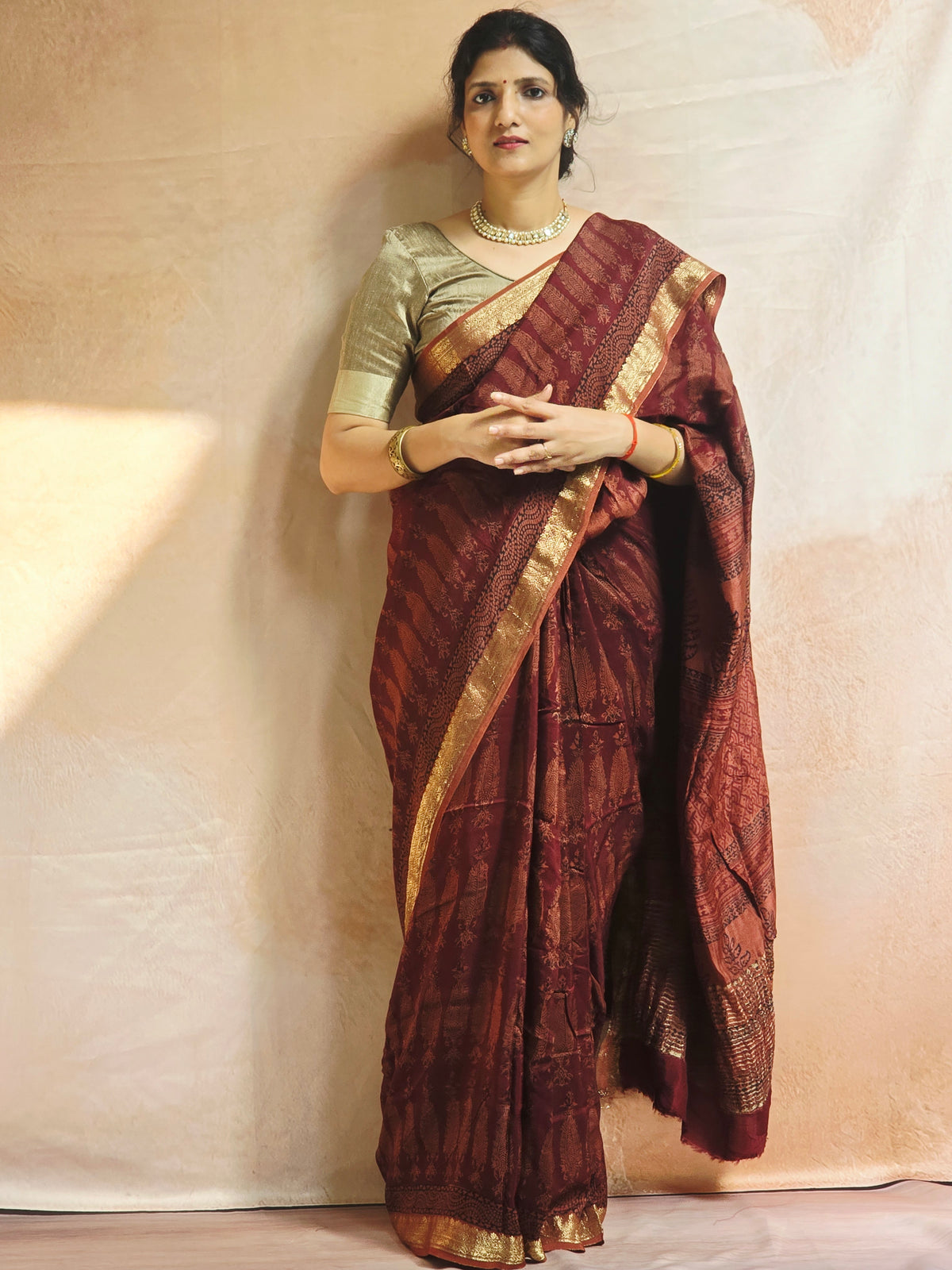 Natural Dyed Bagh Handblock Printed Dola Silk Saree - Brown