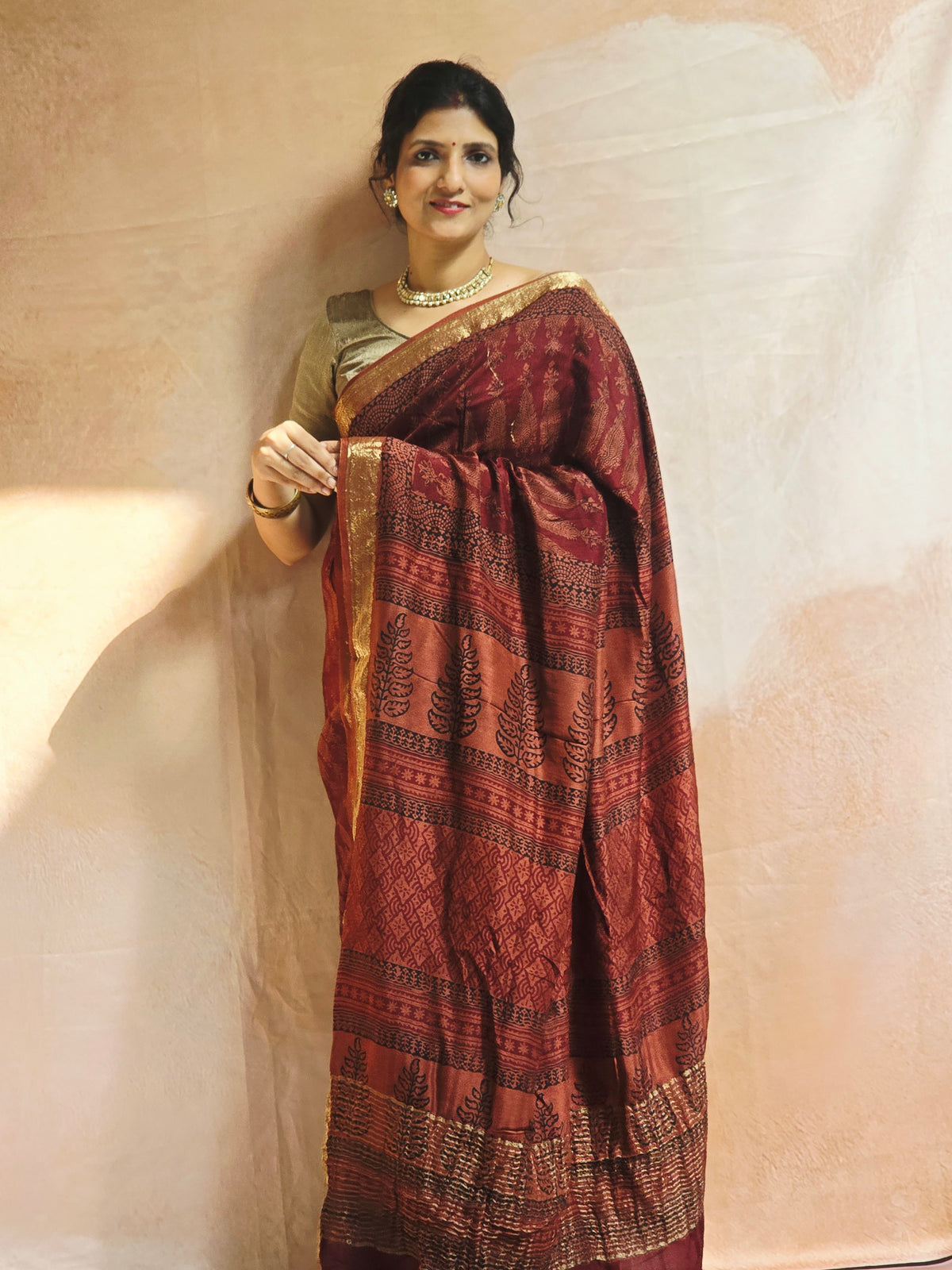 Natural Dyed Bagh Handblock Printed Dola Silk Saree - Brown