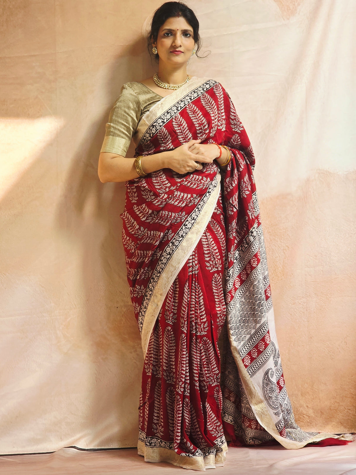 Natural Dyed Bagh Handblock Printed Dola Silk Saree - Red