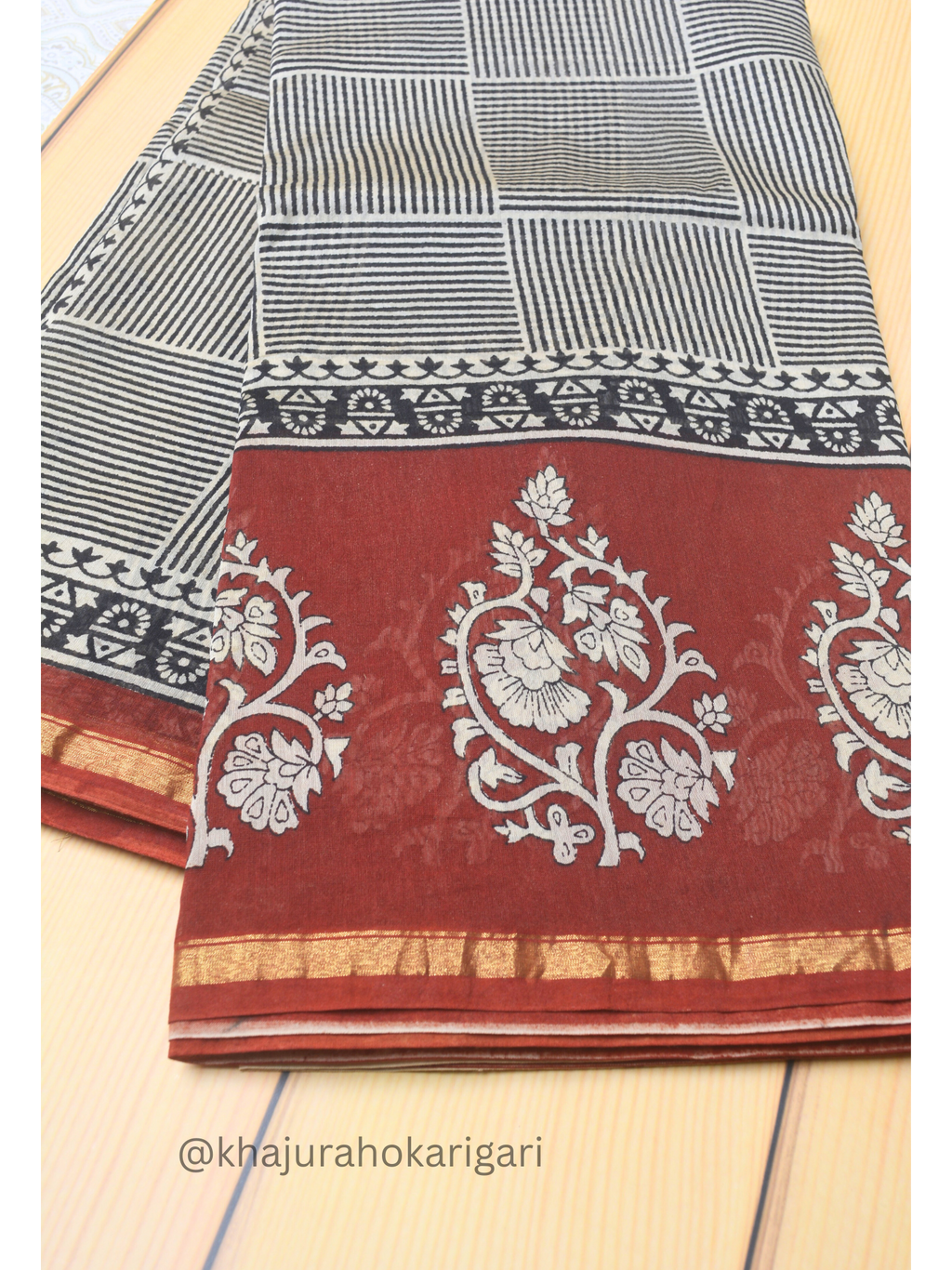 Hand block Printed Chanderi Silk Cotton Saree - Square Stripe
