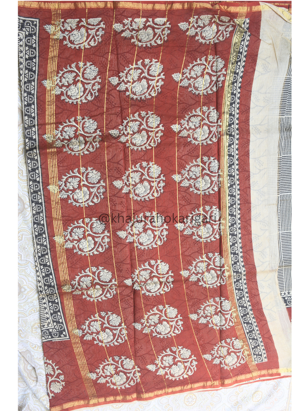 Hand block Printed Chanderi Silk Cotton Saree - Square Stripe