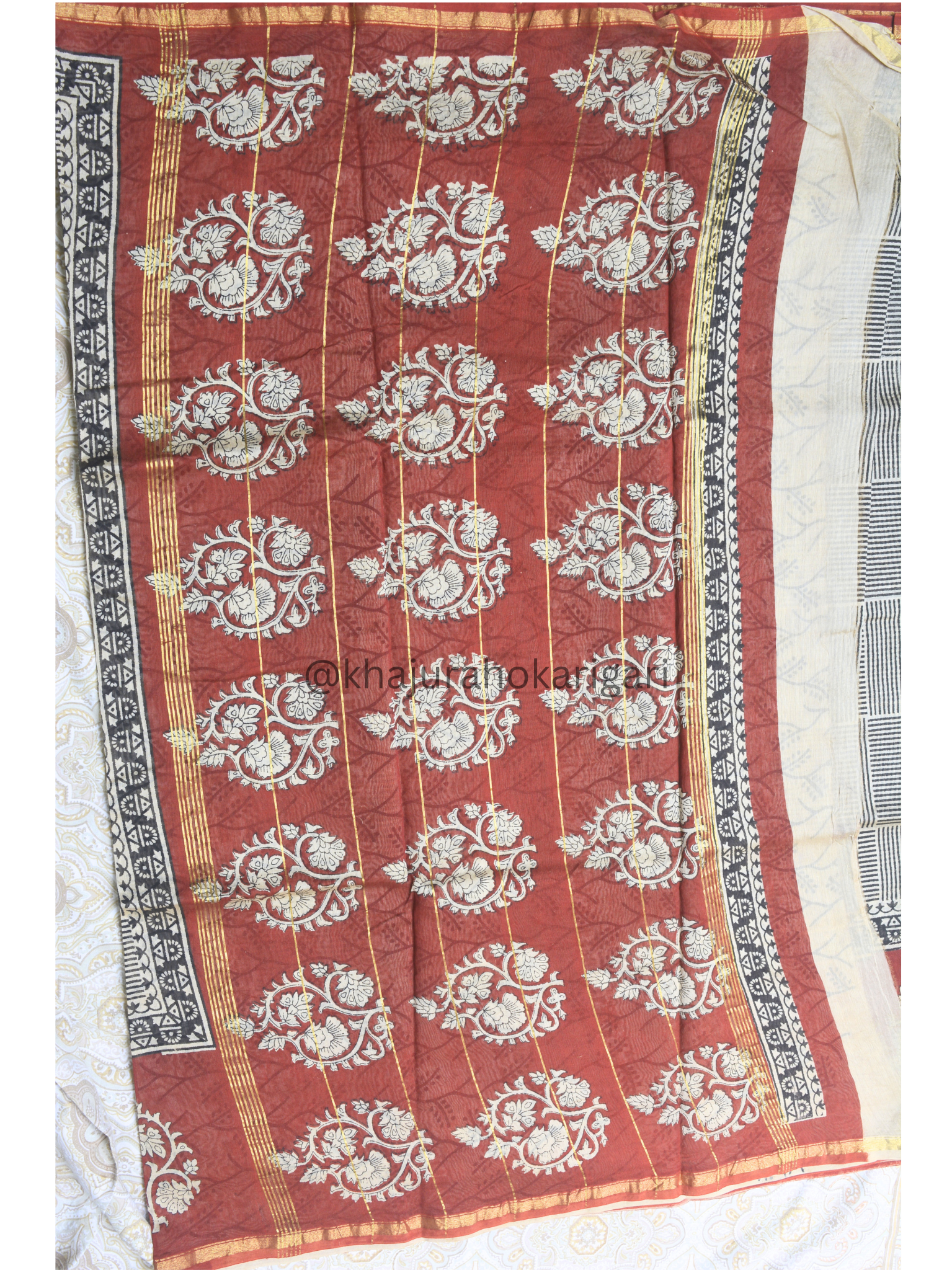 Hand block Printed Chanderi Silk Cotton Saree - Square Stripe